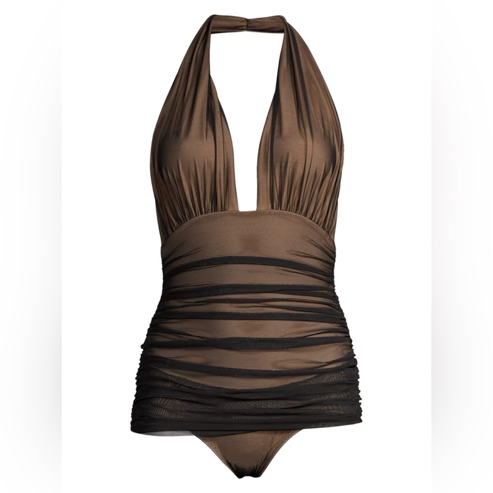 Norma Kamali Brown One-Piece Bill Ruched-Mesh Halter Maillot Swimsuit - Picture 3 of 8